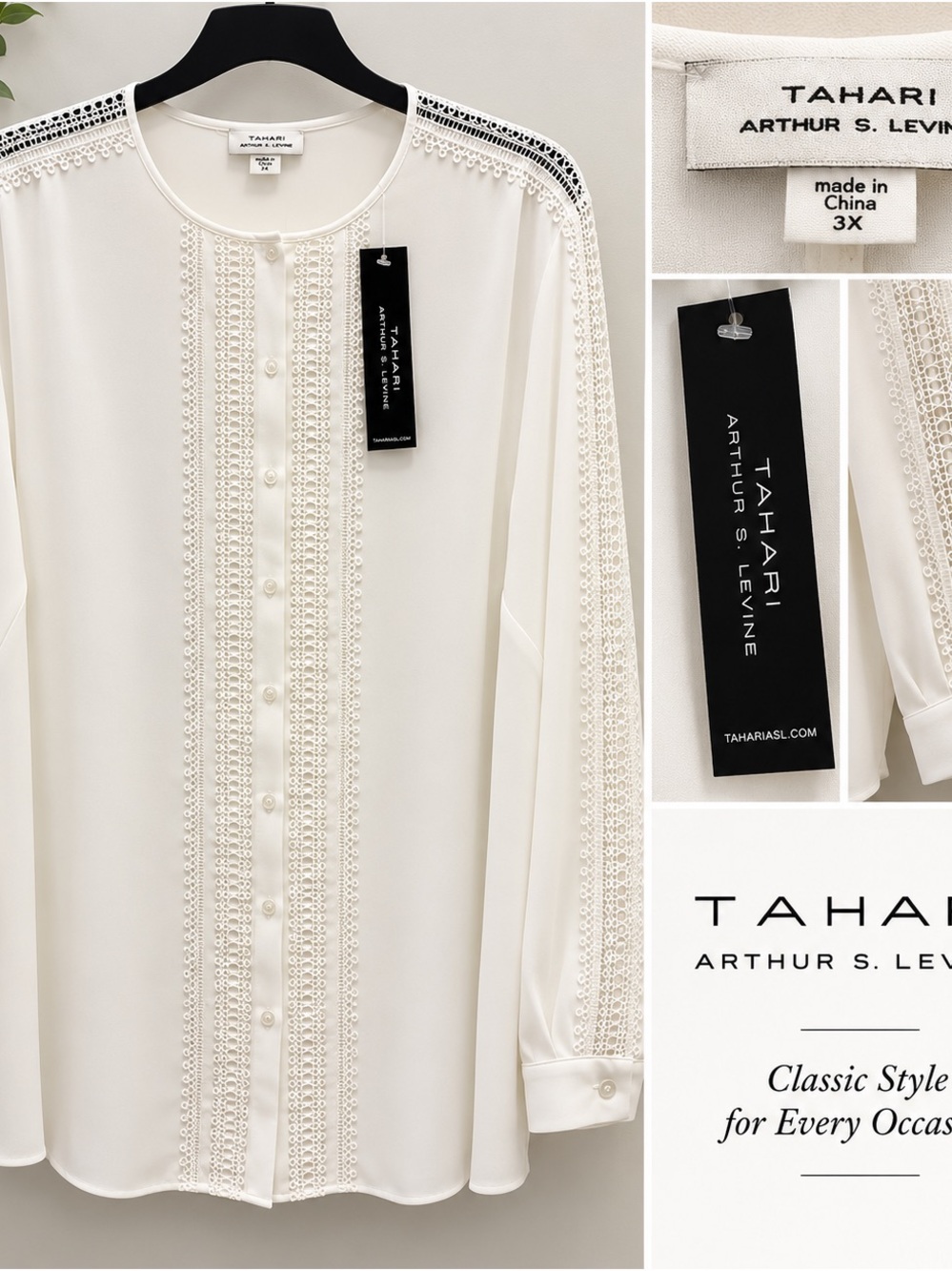 Tahari Arthur S. Levine White Lace Trim Button Front Blouse 3X NWT